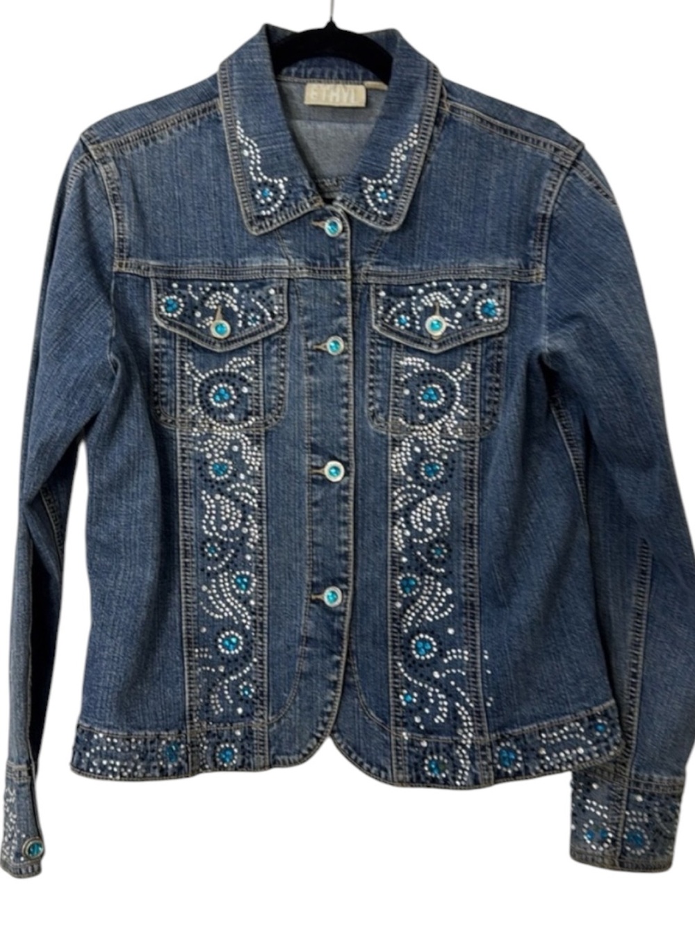 Vintage Ethyl Rhinestone Embellished Denim Jacket Y2K Western Boho Blue Jean M